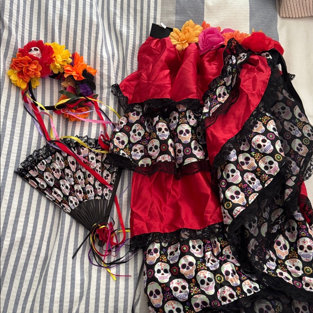 Red and Black Skull skirt Halloween day of the dead w/ headband and fan